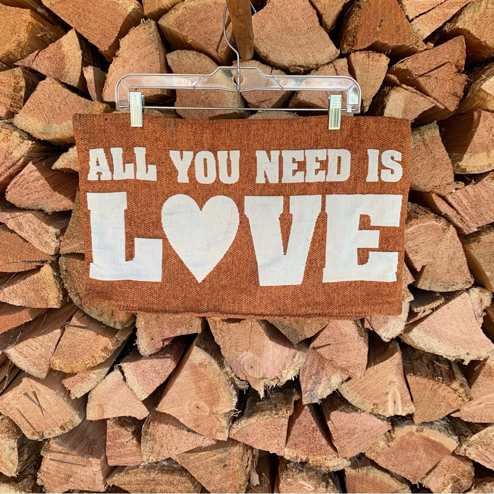Vintage Pillow Cover Zip Up Burnt Orange and White 'All You Need is Love' Cord